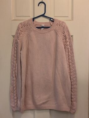 Girls' Blush Pink Knit Sweater with Lace-Detail Sleeves